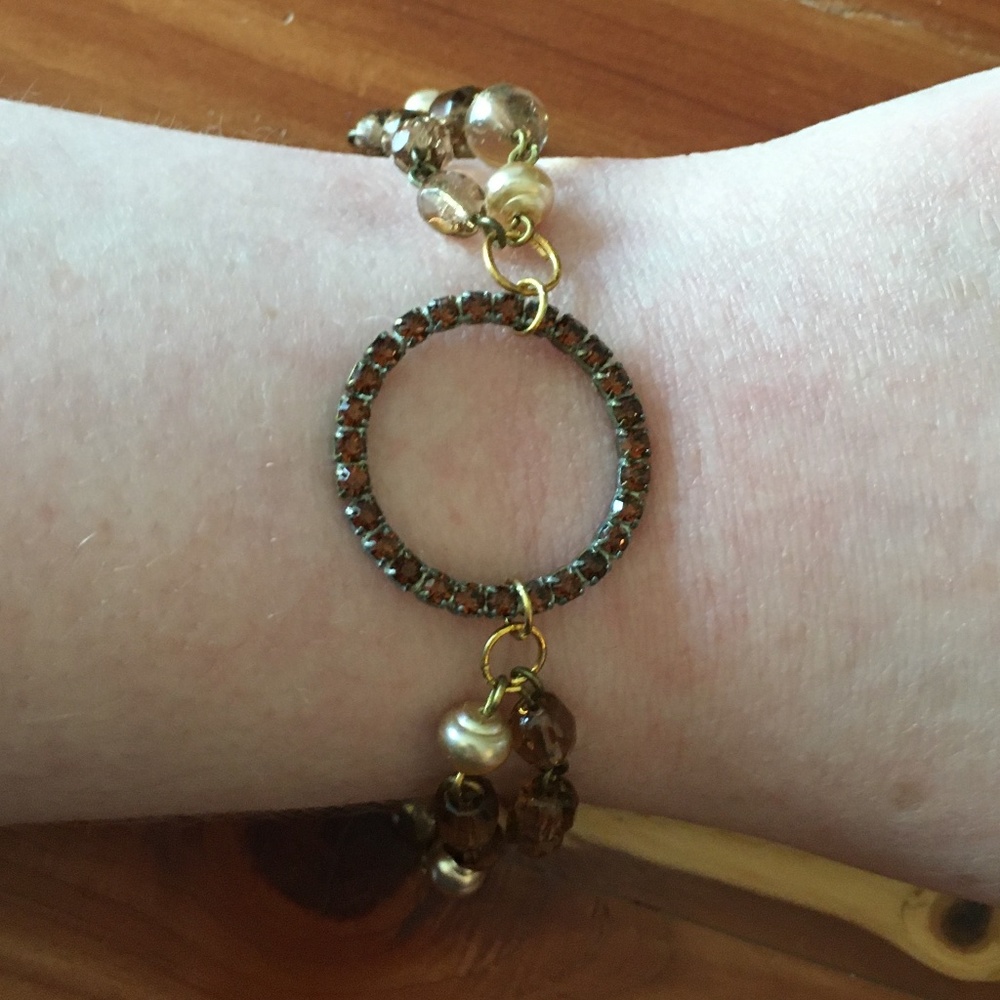 Handmade Brown Rhinestone Circle + Amber & Gold Beads Bracelet, Vintage Beads - Picture 3 of 8